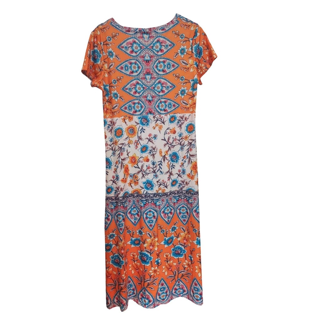 Orange Floral Paisley Boho V-Neck Maxi Beach Dress Short Sleeve Side Slit Small - Picture 6 of 7